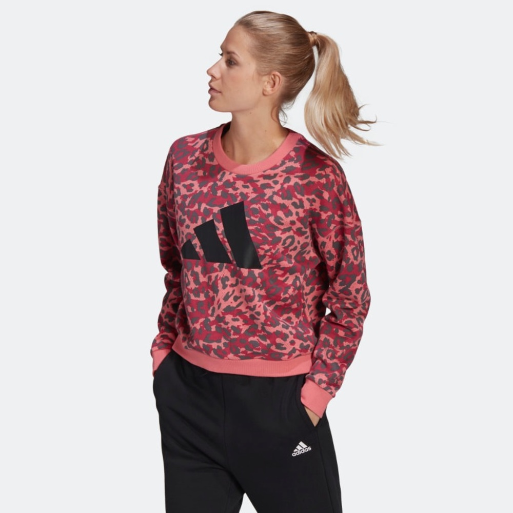 Adidas Pink Grey Leopard Animal Print Logo Sweatshirt Sweater Large - Picture 2 of 8